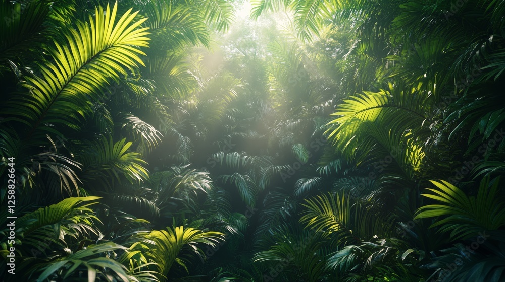 Poster lush jungle with sun rays filtering through dense foliage in a tranquil setting