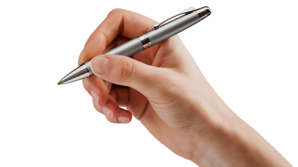 Close-up of a Hand Holding a Silver Ballpoint Pen for Writing isolated on transparent background
