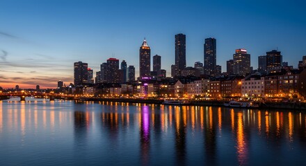 Fototapeta premium Cityscape at Dusk Water Reflection of Frankfurt Germany Skyline View