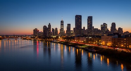 Naklejka premium Cityscape at Dusk River Reflection of Modern Buildings and Traffic