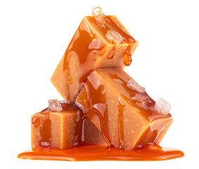 Tasty sweet caramel pieces isolated on a white background. Soft caramel with sea salt.
