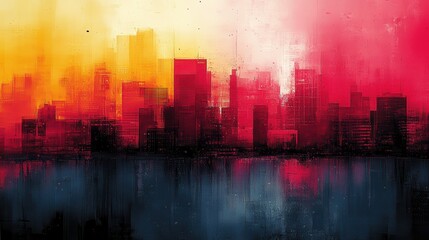 Fototapeta premium Abstract City Skyline with Warm Colors at Sunset Reflection