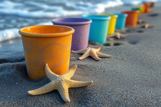 Colorful beach buckets and starfish on sandy shore at sunset