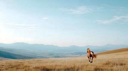 Brown Horse Running in a Dry Grass Field with Distant Mountains