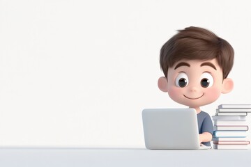 boy studying with laptop and books