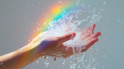 Fototapeta premium Hands gently catching flowing water with a soft rainbow light effect. A serene and magical moment showcasing harmony and purity. AI generated.
