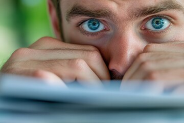 Man with Blue Eyes Peeking over Hands