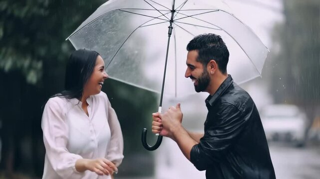 Happy couple enjoying rainfall under transparent umbrella