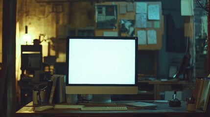 Naklejka premium Empty workspace at night with lit desk lamp and blank computer screen in a cozy room