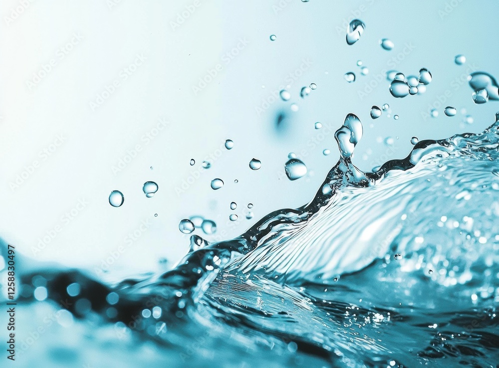 Poster light blue water wave captured in high definition, showcasing dynamic splash and bubbles. clear deta