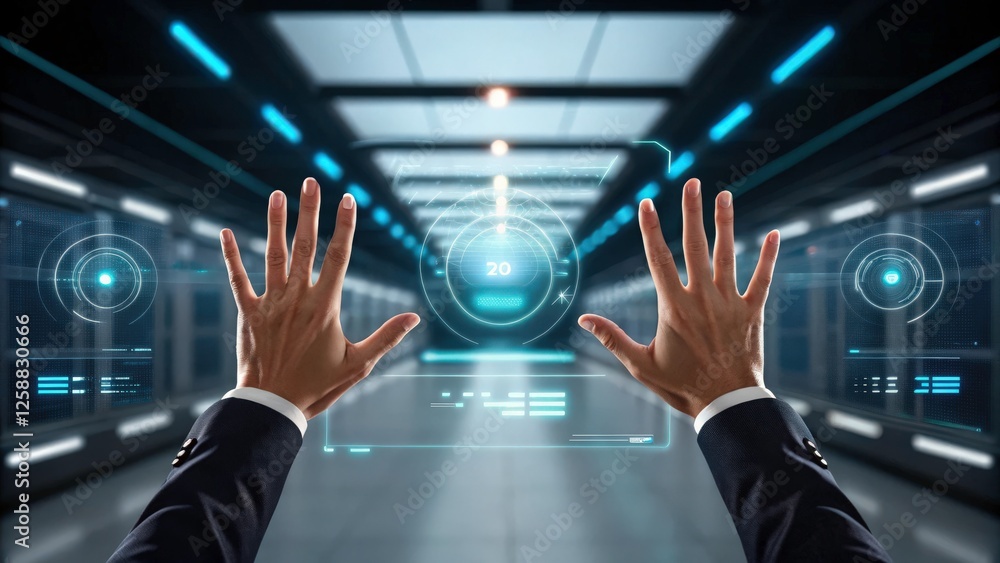 Poster hands interacting with a futuristic holographic interface in a modern data center. the image evokes 