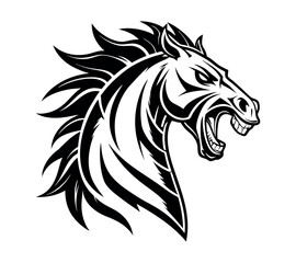 A high-contrast black and white vector illustration of a roaring horse's head,