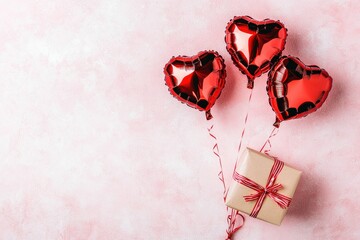 Three red heart balloons with a wrapped gift on a soft pink background, leaving space for text. Ideal for Valentine promotions, romantic gifts, and festive designs