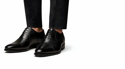 A model wearing sleek black dress shoes, standing against a white background with space on the right for text