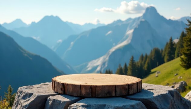 Rustic wooden podium atop a rugged rock, majestic mountains backdrop,  display,  vista,  highlands