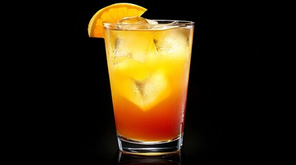 Refreshing colorful drink with ice and orange garnish in a glass on a black background