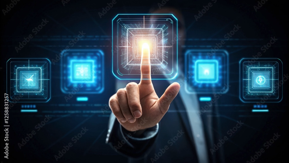 Fototapete a hand interacting with a futuristic digital interface. the interface is composed of glowing squares