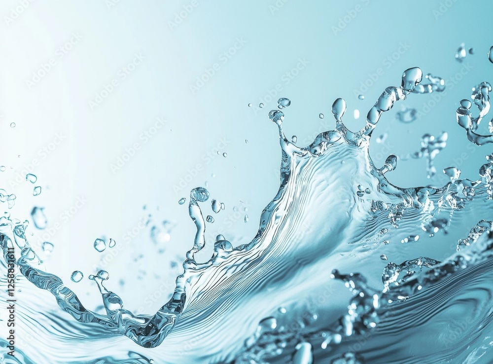 Poster Dynamic water splashes captured in high detail, showcasing fluid motion and intricate patterns on a light blue background with studio lighting