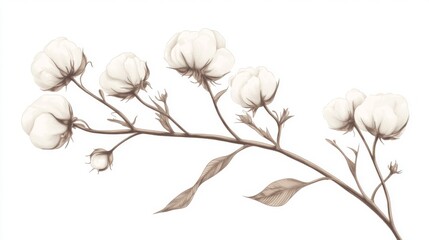 Cotton plant branch, white flowers, brown stems, isolated, textile design