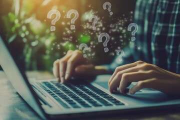 A person typing on a laptop with question marks floating above the keyboard, symbolizing confident modeling for an online course Generative AI