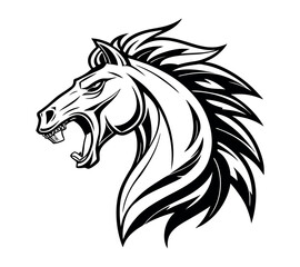 A high-contrast black and white vector illustration of a roaring horse's head,