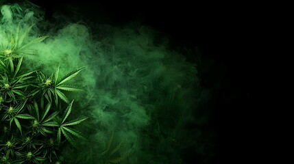Fototapeta premium Green Cannabis Plant with Dark Background and Smoke