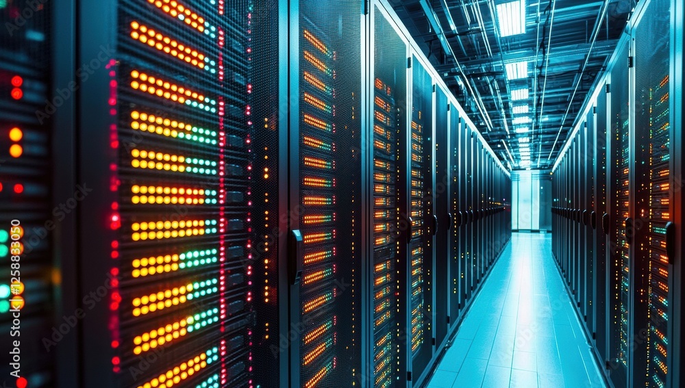 Poster rows of large hard drives in an open server room, brightly illuminated, showcasing high-tech cabinet