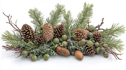 Natural decor arrangement featuring pine cones and acorns on green pine branches