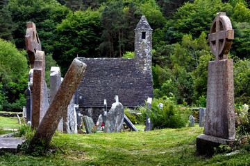 Medieval church of the Glendalough monastery in the Wicklow mountains in Ireland