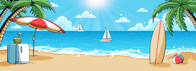 Vibrant beach setup with palm trees, surfboard in the sand, and sailboats gliding across sea under a bright sun. Summer bliss. Retro comics style vector