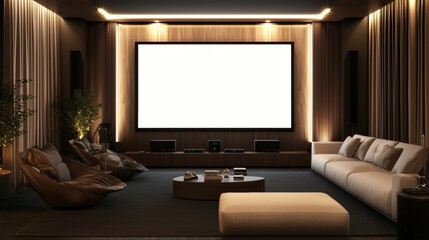 Cozy luxury living room with large screen and scenic waterfront view during golden hour