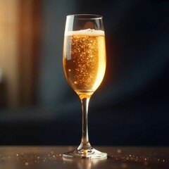 Glowing champagne in a crystal glass, fine bubbles rise, bubbles, cold, shimmer