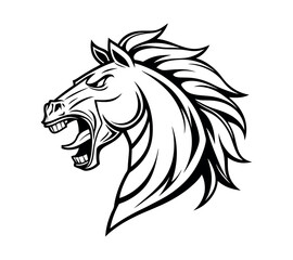 Obraz premium A high-contrast black and white vector illustration of a roaring horse's head,