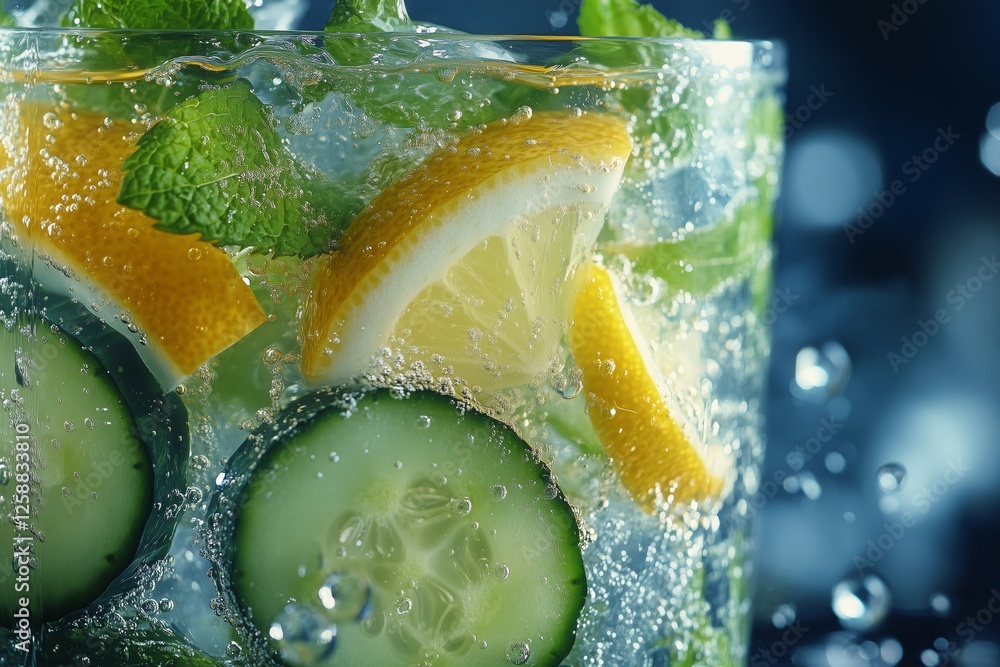 Poster refreshing beverage with lemon and cucumber slices in sparkling water