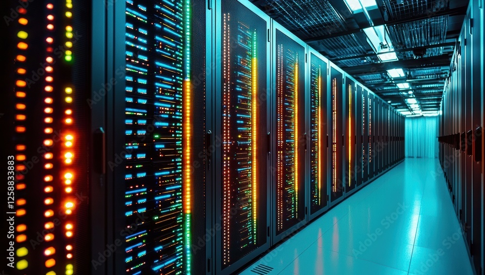 Poster Modern data center featuring rows of large computer racks