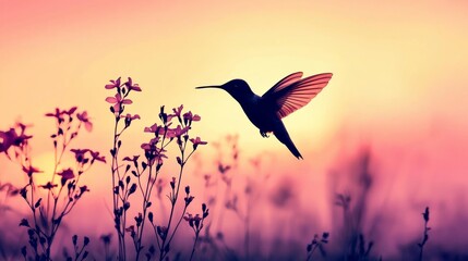 Hummingbird hovering near flowers during a colorful sunset in a serene environment