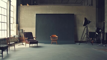 Studio setup features vintage chairs and a neutral backdrop for creative photography sessions