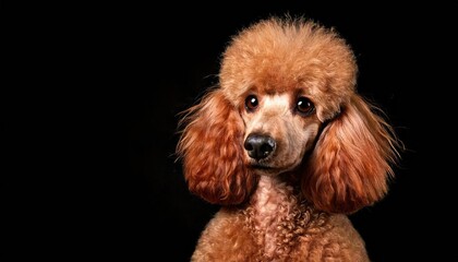 Poodle with curly fur posing against a dark background in a close-up shot