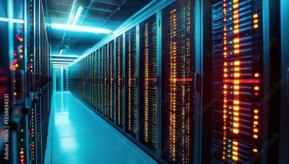 Poster Wide-angle view of high-tech data center server cabinets illuminated by glowing lights, symbolizing information flow through digital networks