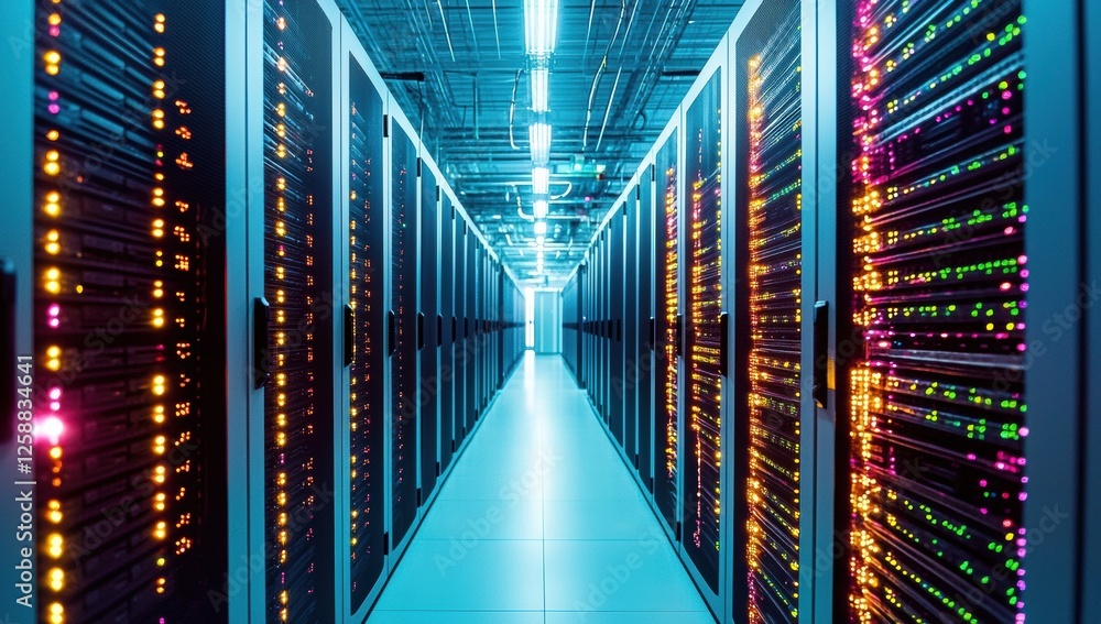Poster Wide-angle view of high-tech server cabinets in a data center, illuminated by bright lights and glowing symbols representing digital information flow