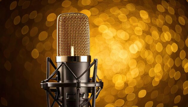 Gold microphone on a blurred golden background for a music recording session