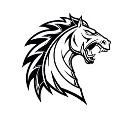 A high-contrast black and white vector illustration of a roaring horse's head,