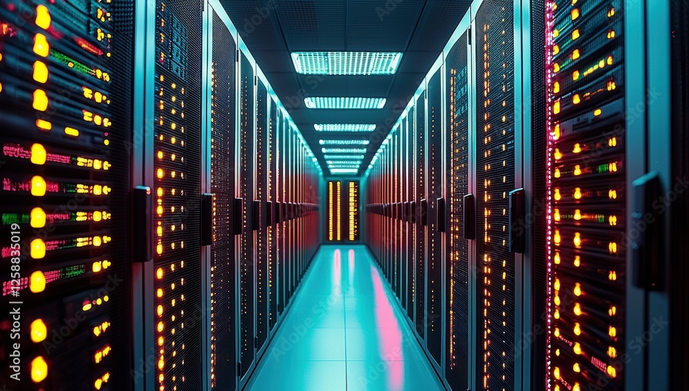 Poster Rows of high-tech server cabinets in a data center, illuminated by bright lights and glowing symbols, showcasing the flow of digital information