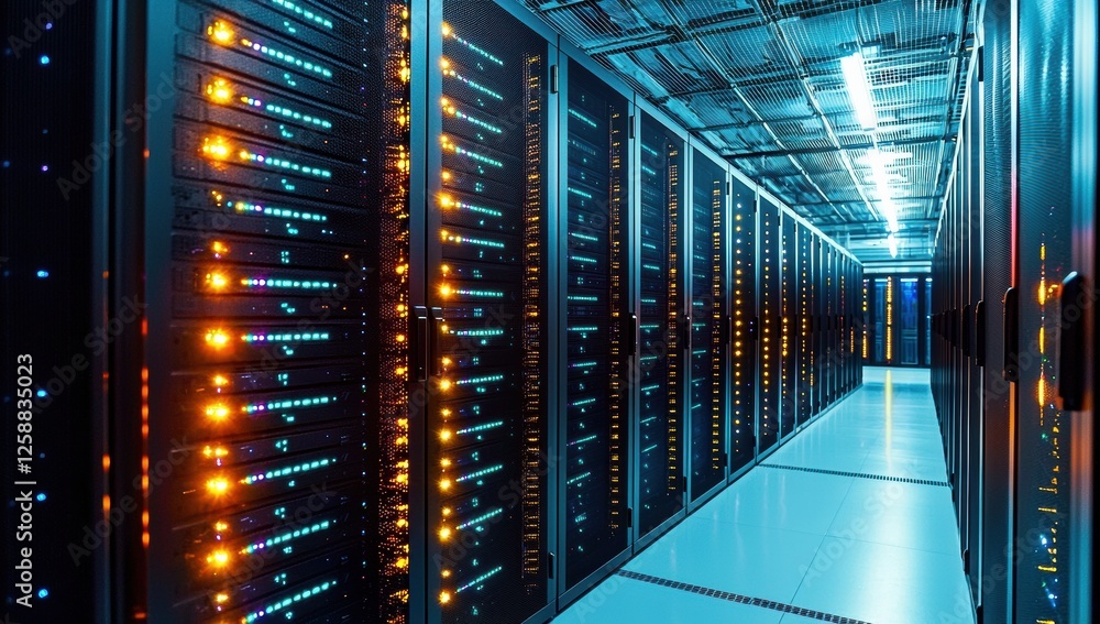 Aufkleber Advanced technology data center featuring rows of server cabinets illuminated by bright lights, showcasing cloud computing and virtual networks
