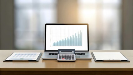 a laptop computer screen displaying a line graph, a calculator, and two documents on a wooden desk, signifying growth, business, and finance