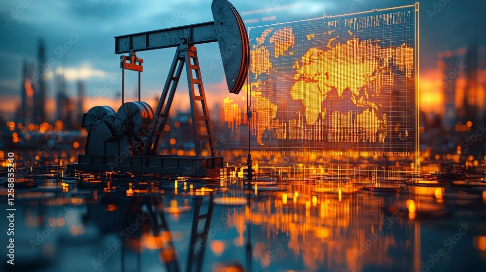 Poster an oil pumpjack framed by dynamic data visuals encapsulates the synergy between traditional energy e