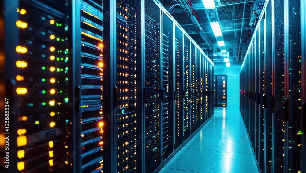 Poster Data center showcasing rows of illuminated server cabinets, representing advanced technology in cloud computing and virtual networks