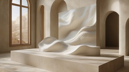 Serene Interior with Abstract Sculpture and Natural Light Play