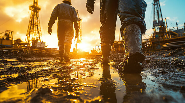 Workers trudge through muddy oil field at sunset, boots covered in grime, highlighting the harsh conditions of the industry and the determination of the workforce.