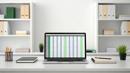 A laptop computer displaying a spreadsheet application is positioned on a clean white desk. The laptop is the central focal point of the image, with a minimalist background of white shelves.